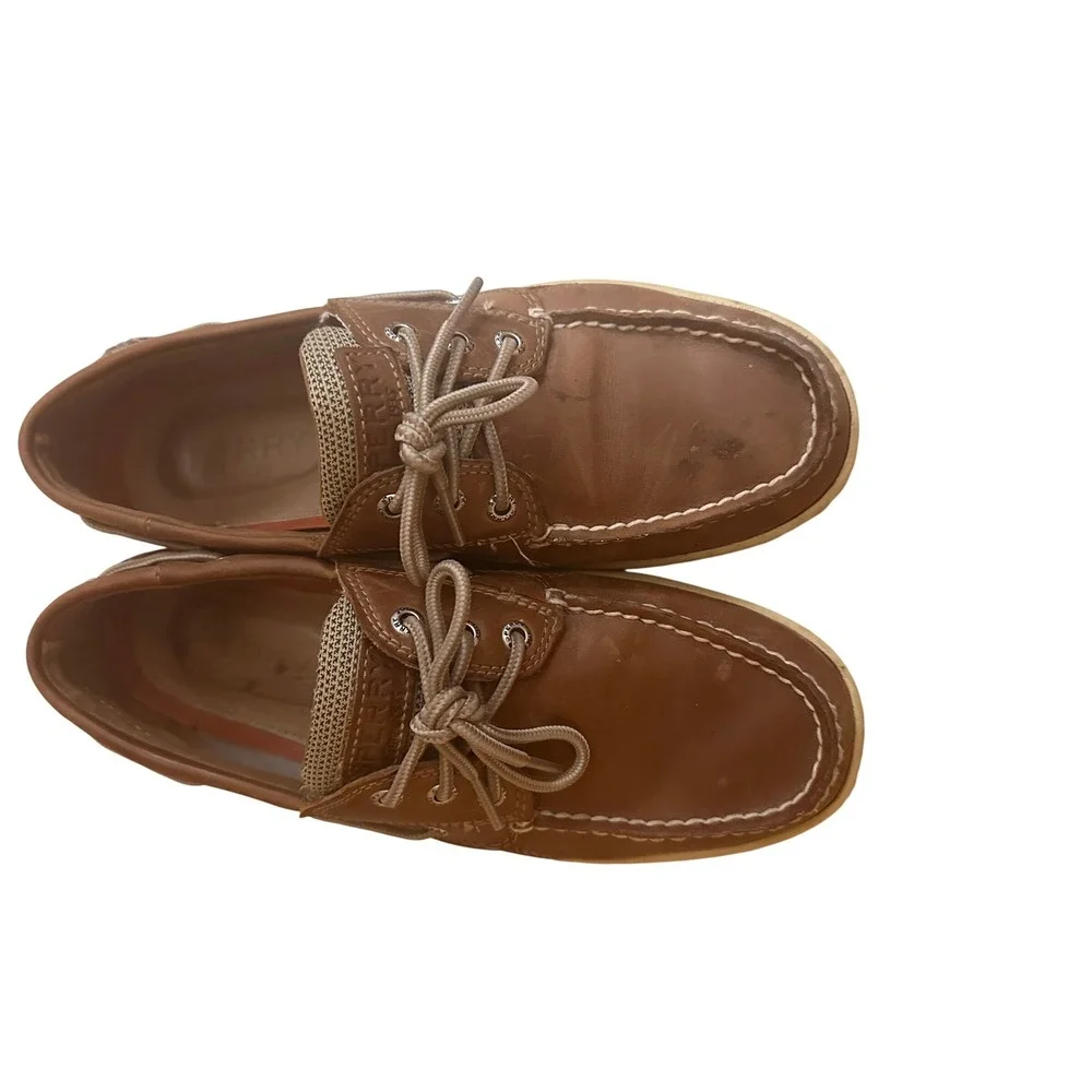 Sperry Top-Sider Mens Tan Leather Mesh Boat Shoes Loafers Nautical Classic